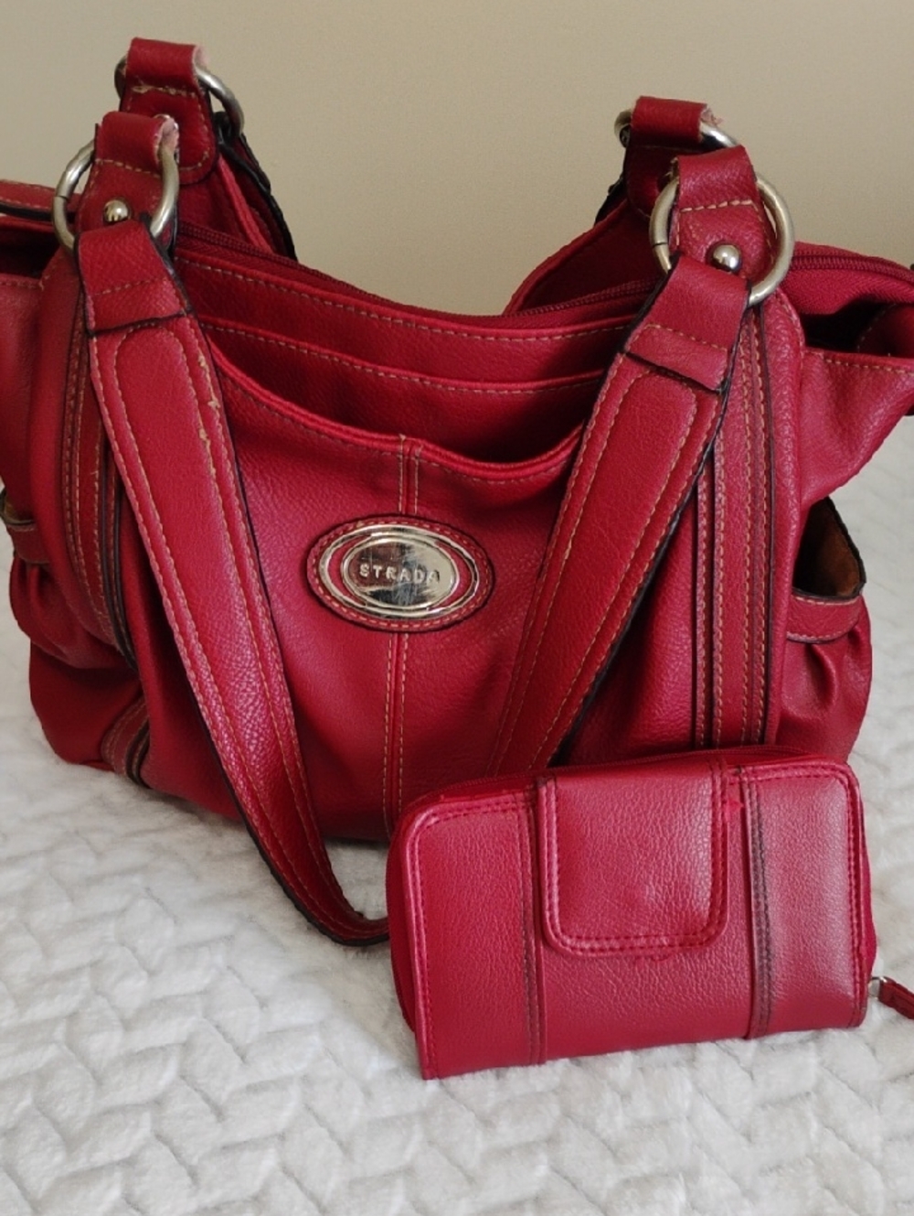 Strada Red Leather Shoulder Tote with Matching Wallet